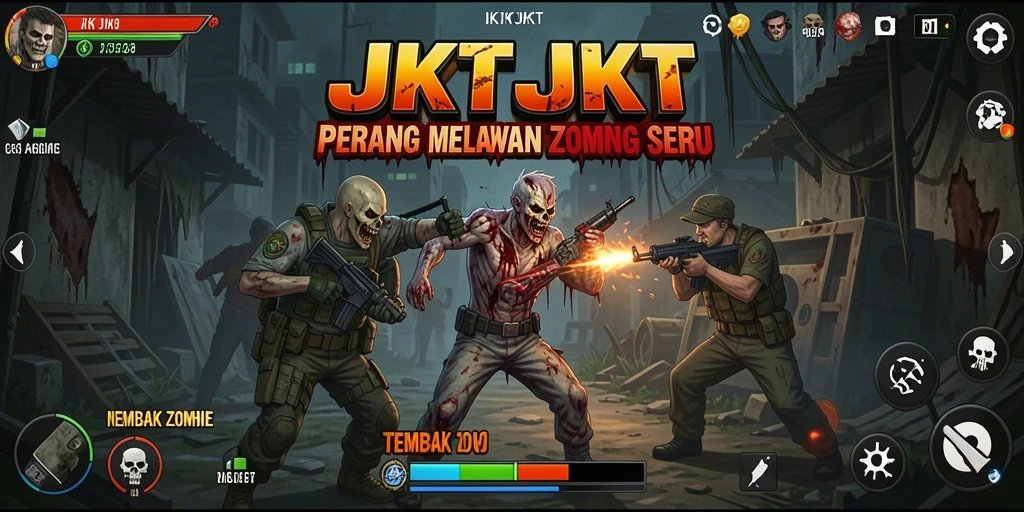 Tampilan antarmuka permainan JKTJKT menampilkan aksi tembak zombie yang intens.