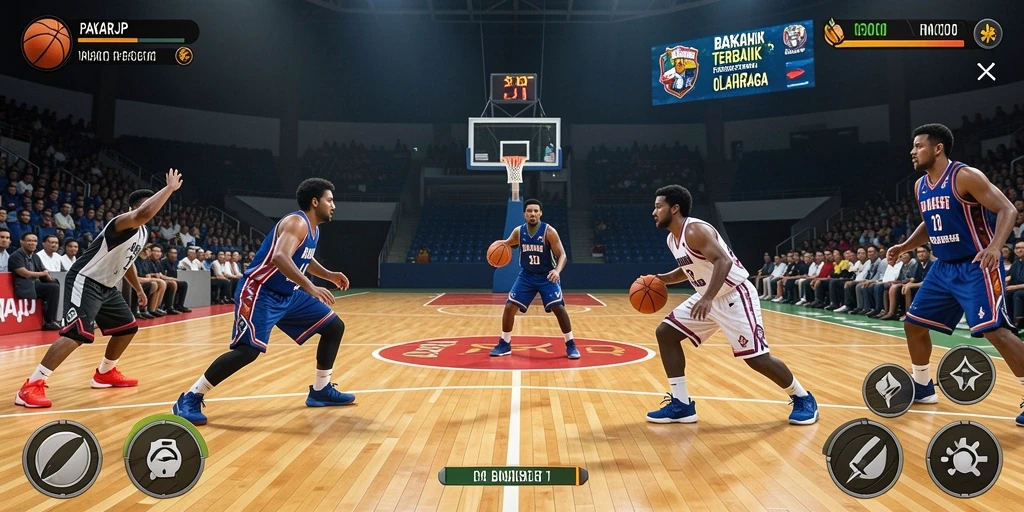Antarmuka game PAKARJP yang menampilkan pertandingan basket yang intens.